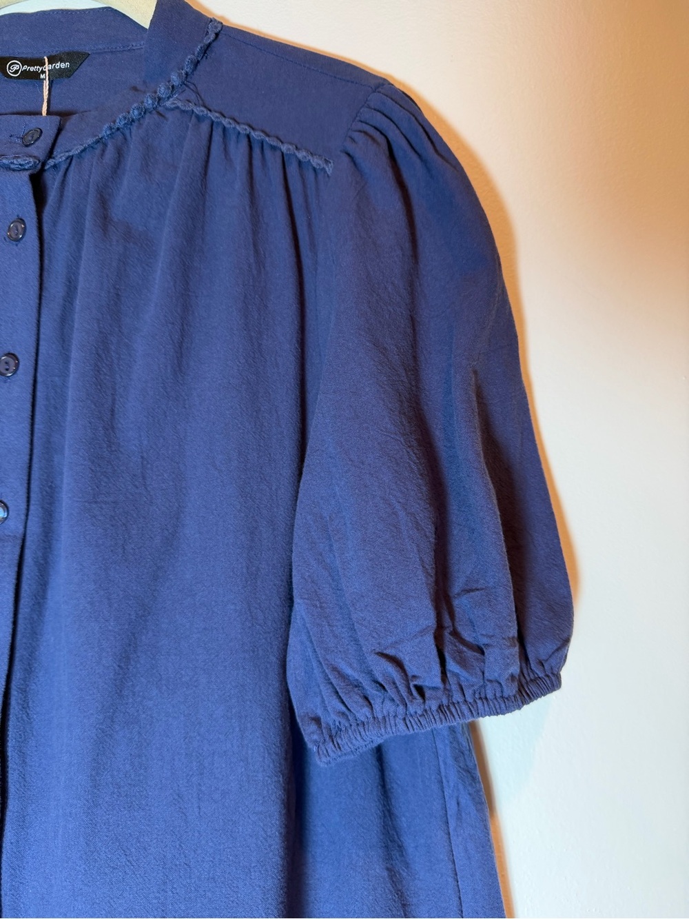 PRETTYGARDEN Blue Cotton Puff Sleeve Blouse Button Down Top Size Medium NWT - Picture 4 of 11